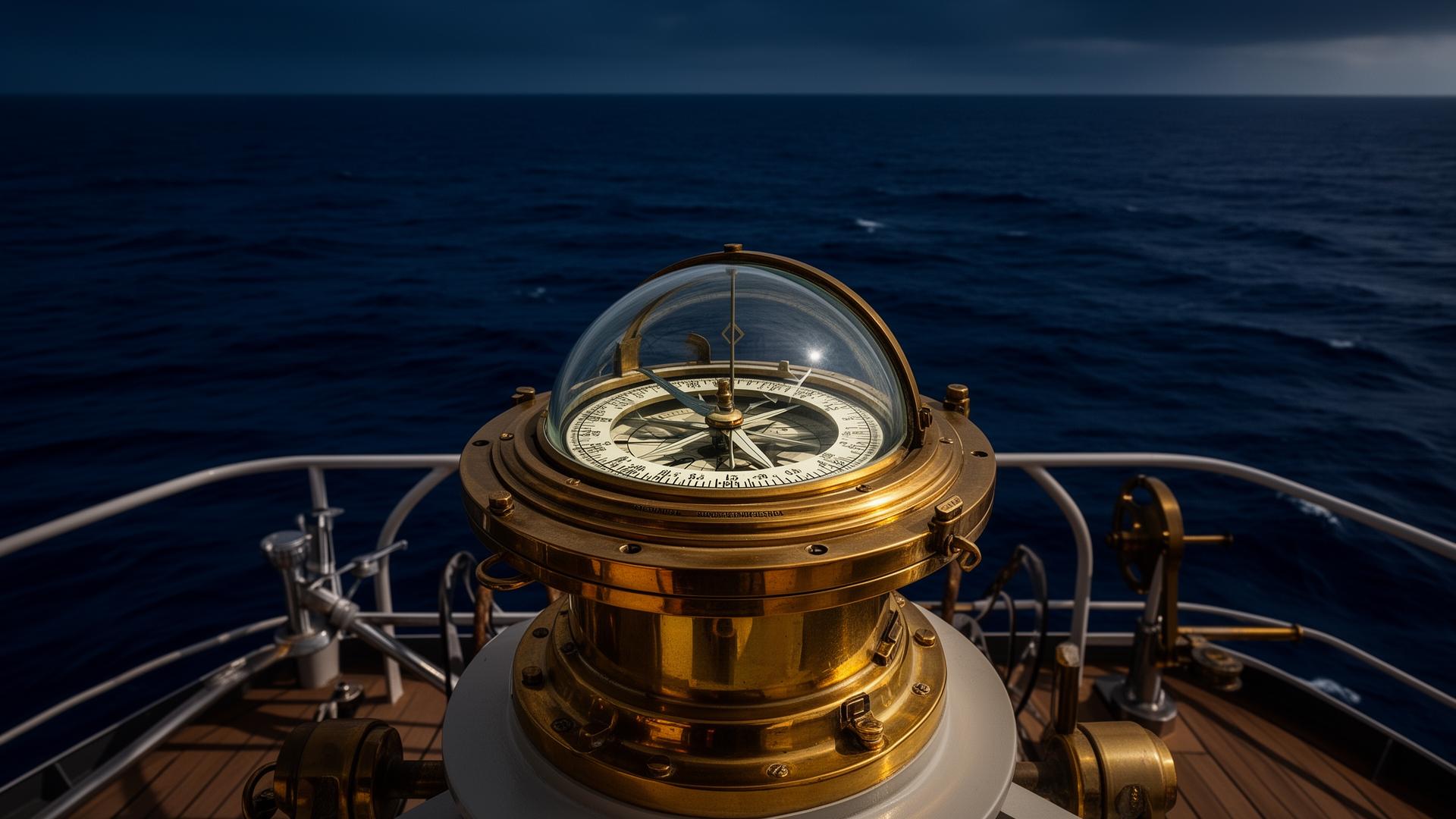 Professional marine compass on ship navigation bridge